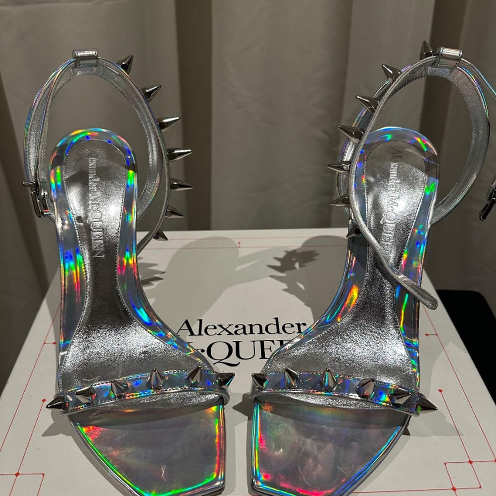 Brand New(Never worn) Alexander McQueen  Silver Iridescent spike sandals